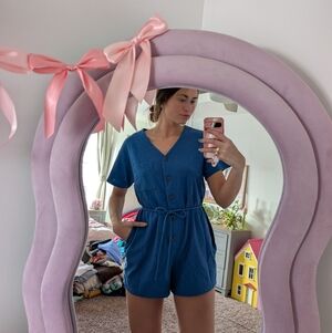 Textured Blue V-Neck Button Down Romper Size Large